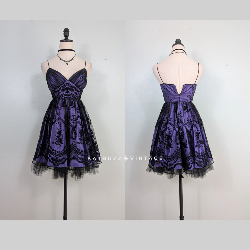Vintage Morgan Prom Dress Mini Gown 2 Purple Black Y2K Goth Babydoll Floral Lace